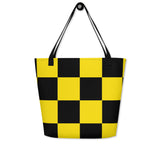 Autumn LeAnn Designs® | Bright Neon Yellow and Black Checkers Large Tote Bag