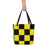 Autumn LeAnn Designs® | Bright Neon Yellow and Black Checkers Large Tote Bag