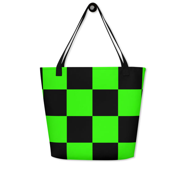 Autumn LeAnn Designs® | Bright Neon Green and Black Checker Large Tote Bag