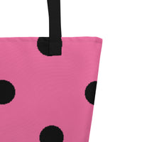 Autumn LeAnn Designs® | Brilliant Rose Pink with Black Polka Dots Large Tote Bag