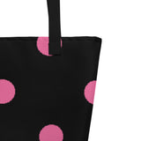 Autumn LeAnn Designs® | Black with Brilliant Rose Pink Polka Dots Large Tote Bag