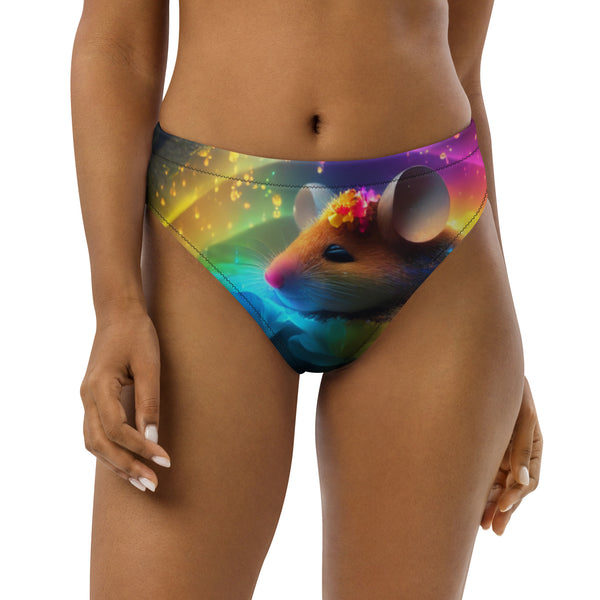 Autumn LeAnn Designs®  | Adult High Waisted Bikini Swim Bottoms, Cute Mouse In Flowers, Rainbow