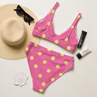Autumn LeAnn Designs® | Adult High Waisted Bottoms Bikini Set, Polka Dots, Rose Pink & Yellow