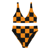 Autumn LeAnn Designs® | Adult High Waisted Bottoms Bikini Set, Checkers, Neon Orange & Black