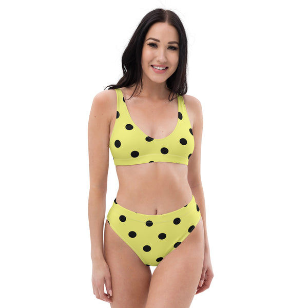 Autumn LeAnn Designs® | Adult High Waisted Bottoms Bikini Set, Polka Dots, Dolly Yellow & Black