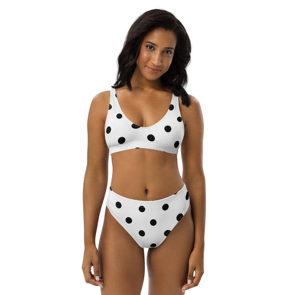 Autumn LeAnn Designs® | Adult High Waisted Bottoms Bikini Set, Polka Dots, White & Black