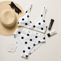Autumn LeAnn Designs® | Adult High Waisted Bottoms Bikini Set, Polka Dots, White & Black