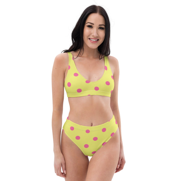 Autumn LeAnn Designs® | Adult High Waisted Bottoms Bikini Set, Polka Dots, Dolly Yellow & Pink