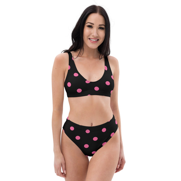 Autumn LeAnn Designs® | Adult High Waisted Bottoms Bikini Set, Polka Dots, Black & Pink