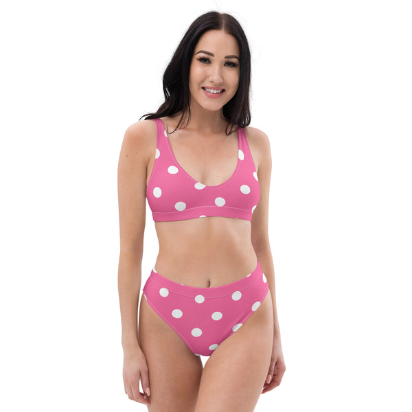 Autumn LeAnn Designs® | Adult High Waisted Bottoms Bikini Set, Polka Dots, Rose Pink & White