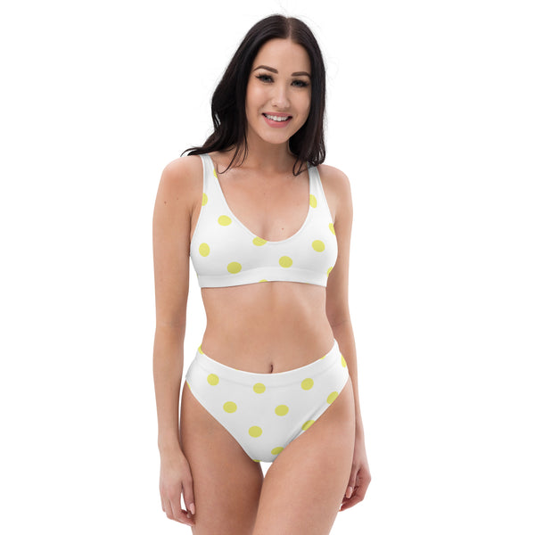 Autumn LeAnn Designs® | Adult High Waisted Bottoms Bikini Set, Polka Dots, White & Yellow