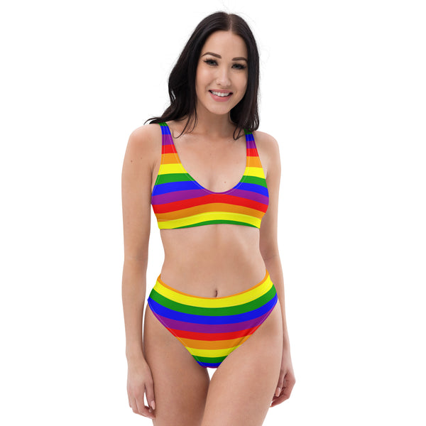 Autumn LeAnn Designs® | Adult High Waisted Bottoms Bikini Set, Strpies, Rainbow