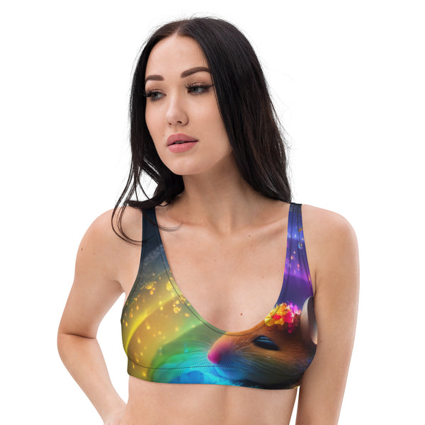 Autumn LeAnn Designs® | Adult Padded Bikini Top, Cute Mouse In Flowers, Rainbow