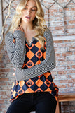 Orange and Black Halloween Checkered Contrast Striped Long Sleeve T-Shirt