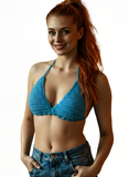 Full Coverage Aqua Blue Splash Tie Back Rave Festival Crocheted Bralette Bikini Crop Top