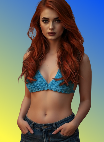 Full Coverage Aqua Blue Splash Tie Back Rave Festival Crocheted Bralette Bikini Crop Top - Autumn LeAnn Designs®