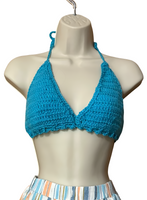 Full Coverage Aqua Blue Splash Tie Back Rave Festival Crocheted Bralette Bikini Crop Top