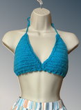 Full Coverage Aqua Blue Splash Tie Back Rave Festival Crocheted Bralette Bikini Crop Top