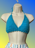 Full Coverage Aqua Blue Splash Tie Back Rave Festival Crocheted Bralette Bikini Crop Top