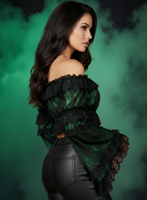 Green/Black Lace Smocked Flare Sleeve Peasant Top