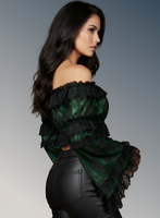 Green/Black Lace Smocked Flare Sleeve Peasant Top