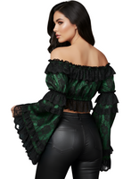 Green/Black Lace Smocked Flare Sleeve Peasant Top