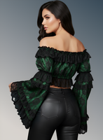 Green/Black Lace Smocked Flare Sleeve Peasant Top