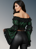 Green/Black Lace Smocked Flare Sleeve Peasant Top