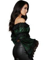 Green/Black Lace Smocked Flare Sleeve Peasant Top