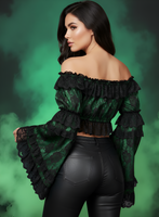 Green/Black Lace Smocked Flare Sleeve Peasant Top