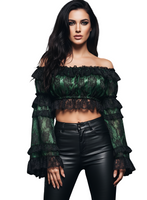 Green/Black Lace Smocked Flare Sleeve Peasant Top