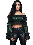Green/Black Lace Smocked Flare Sleeve Peasant Top