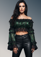 Green/Black Lace Smocked Flare Sleeve Peasant Top
