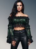 Green/Black Lace Smocked Flare Sleeve Peasant Top