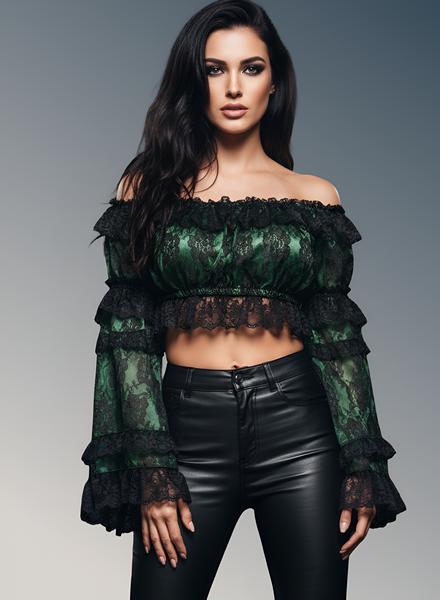 Green/Black Lace Smocked Flare Sleeve Peasant Top