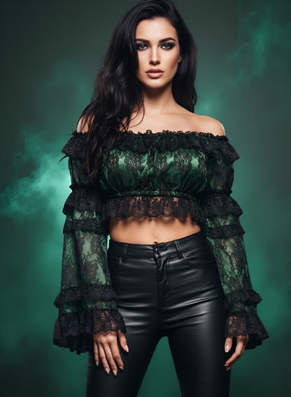 Green/Black Lace Smocked Flare Sleeve Peasant Top - Autumn LeAnn Designs®