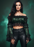 Green/Black Lace Smocked Flare Sleeve Peasant Top
