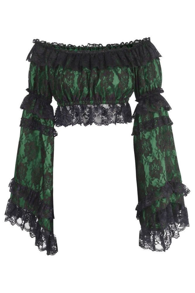 Green/Black Lace Smocked Flare Sleeve Peasant Top - Autumn LeAnn Designs®