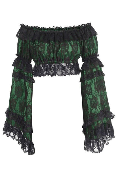Green/Black Lace Smocked Flare Sleeve Peasant Top - Autumn LeAnn Designs®