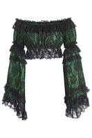 Green/Black Lace Smocked Flare Sleeve Peasant Top