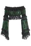 Green/Black Lace Smocked Flare Sleeve Peasant Top