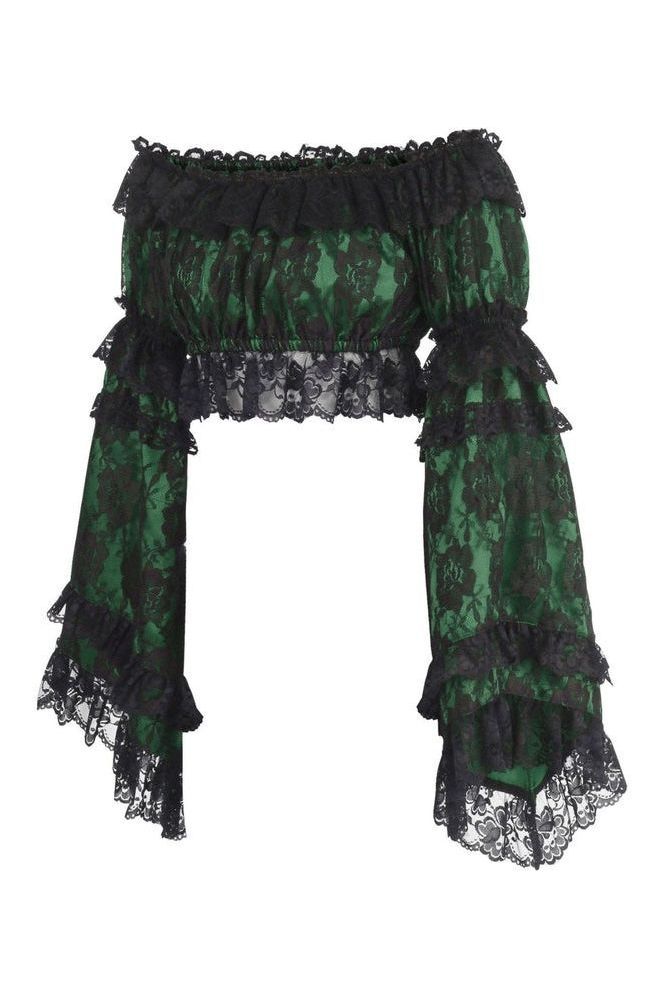 Green/Black Lace Smocked Flare Sleeve Peasant Top - Autumn LeAnn Designs®