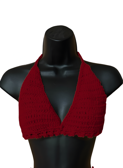 Full Coverage Red Tie Back Rave Festival Crocheted Bralette Bikini Crop Top - Autumn LeAnn Designs®