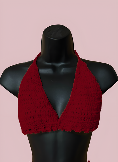 Full Coverage Red Tie Back Rave Festival Crocheted Bralette Bikini Crop Top - Autumn LeAnn Designs®