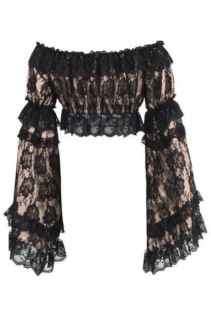 Nude/Black Lace Smocked Flare Sleeve Peasant Top - Autumn LeAnn Designs®