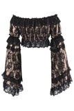Nude/Black Lace Smocked Flare Sleeve Peasant Top