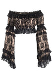 Nude/Black Lace Smocked Flare Sleeve Peasant Top