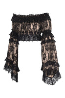 Nude/Black Lace Smocked Flare Sleeve Peasant Top