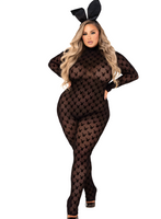 Person wearing a black bunny costume with a bodysuit and rabbit ears on a white background