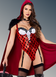 Woman wearing a red hooded costume with a black and red sequin bodysuit on a gray background